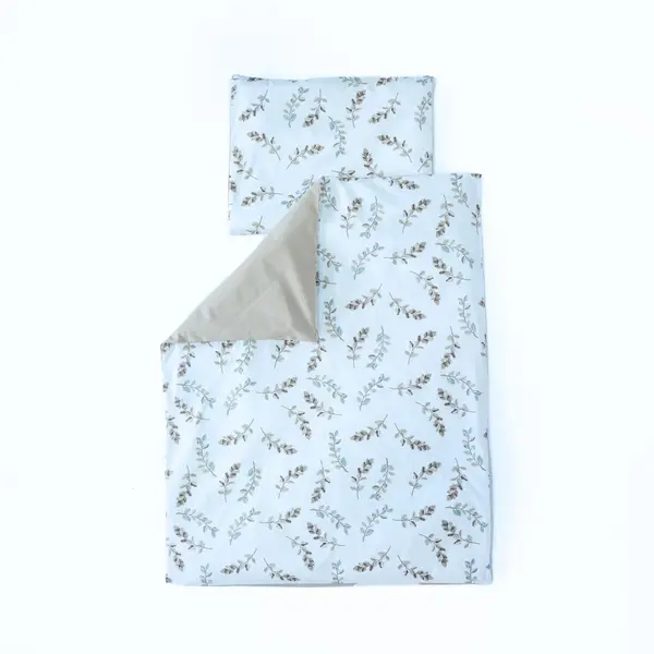 Set lenjerie bumbac organic, patut 120x60, 3 piese alb cu frunze maro TWINDECO