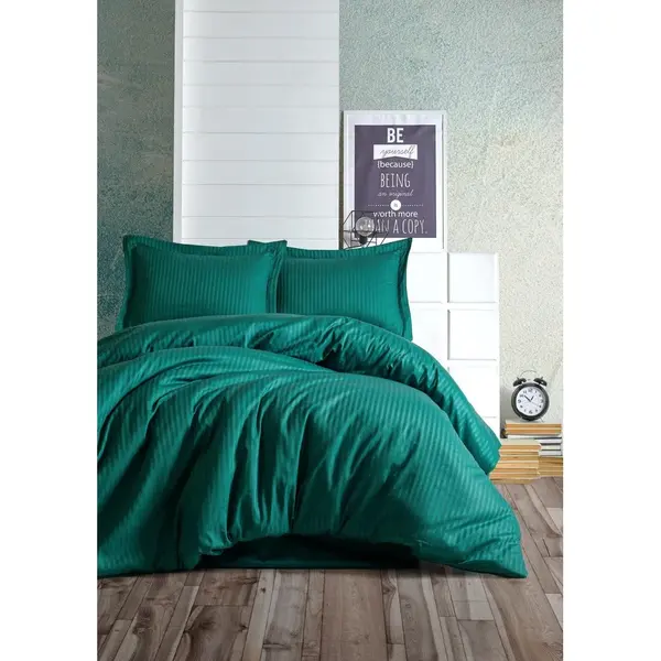 Set Lenjerie de pat double din Satin, 100% Bumbac Satin, Verde, 220x200 cm