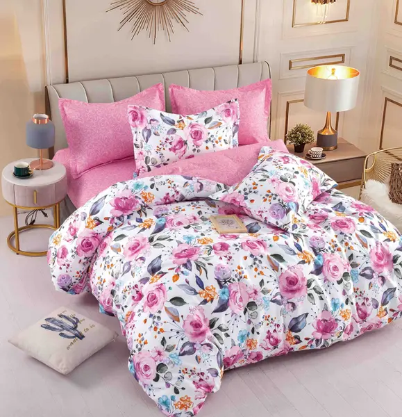 Set Lenjerie de Pat Finet 6 Piese, Bumbac Finet, Fara Elastic , Pink Blossom