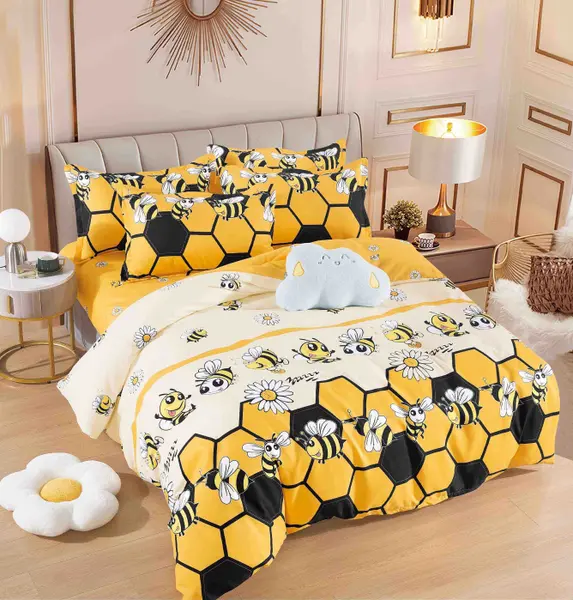 Set Lenjerie de Pat Finet 6 Piese, Bumbac Finet, Fara Elastic , Honey Bee