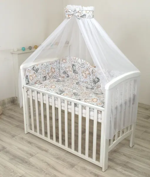 Set lenjerie din bumbac cu protectie laterala pentru pat bebe 120 x 60 cm Safari bej Amy