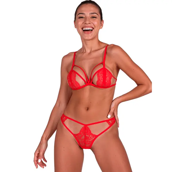 Set lenjerie PASSION – Anuvera, din dantelă, culoare roșie, S/M