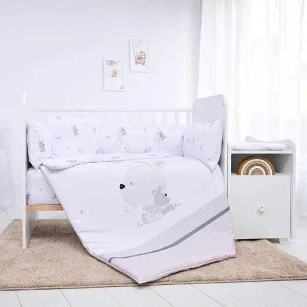 Set lenjerie pat 8 piese bumbac ranforce Trend Little Rabbits Grey
