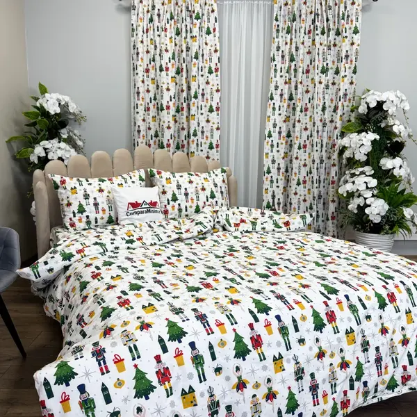 Set Lenjerie Pat Dublu Craciun 4 Piese + 2 Draperii 150x235cm din Bumbac Ranforsat – Confort si Eleganta, Fabricat in Romania, Alb, Verde, Rosu, Spargatorul de Nuci, brazi