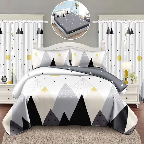 Set Lenjerie pat dublu cu Elastic (140x200cm) + 2 draperii, finet, 6 piese, Alb, Gri, munti