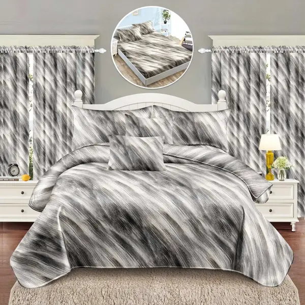 Set Lenjerie pat dublu cu Elastic (160x200cm, 180x200cm) + 2 draperii, finet, 8 piese, Gri, Model Clasic