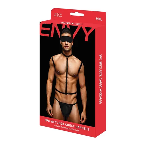 Set lenjerie pentru barbati Envy - Wetlook Chest Harness, 3 piese, negru, M/L