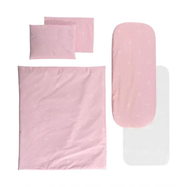 Set lenjerie pentru carucior Lorelli Little Bear Pink cu 6 piese si protectie impermeabila