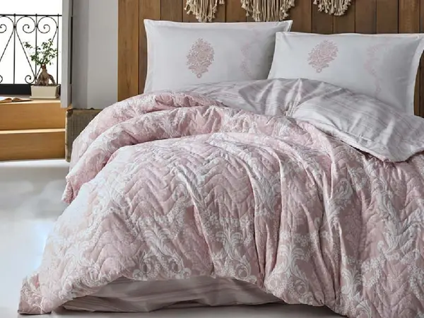 Set Lenjerie si Cuvertura Fiorita Roz (Bumbac 100%)