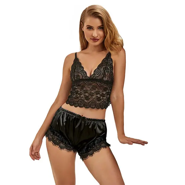 Set lenjerie Subblime – Casual Silk Nightgown + Lace Pants, satin negru cu pantaloni din dantelă, S/M