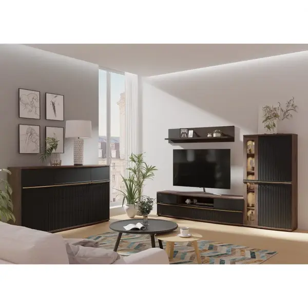 Set Living CANDY, 4 corpuri, cu lumini LED, vitrina C2a, comoda C4, etajera C6, comoda C12, grafit
