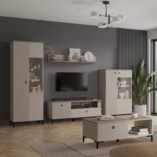 Set Living DOMINICA, 5 piese, 2 vitrine, comoda TV, masuta de cafea, raft suspendat, taupe + stejar silverjack, 290x41x199 cm