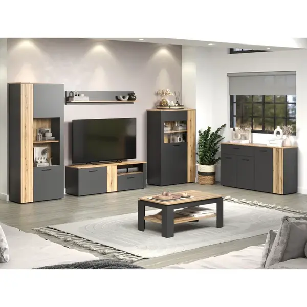 Set Living ESTEBAN, 6 piese, 2 vitrine, 2 comode, masuta, raft suspendat, grafit + stejar evok, 320x42x195 cm