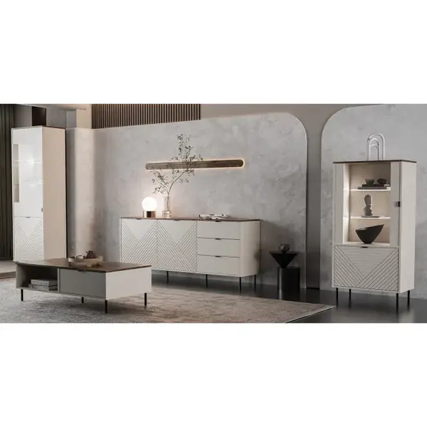 Set Living EVO, 4 piese, 2 vitrine, comoda, masuta cafea, casmir + stejar castello, 315x40x135 cm