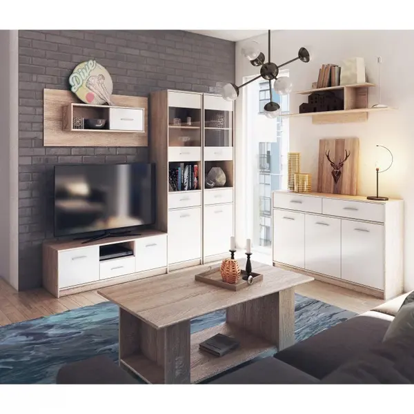 Set Living TIPS, 7 piese, comoda TV, 2 vitrine, comoda, masuta de cafea, 2 rafturi, stejar sonoma + alb