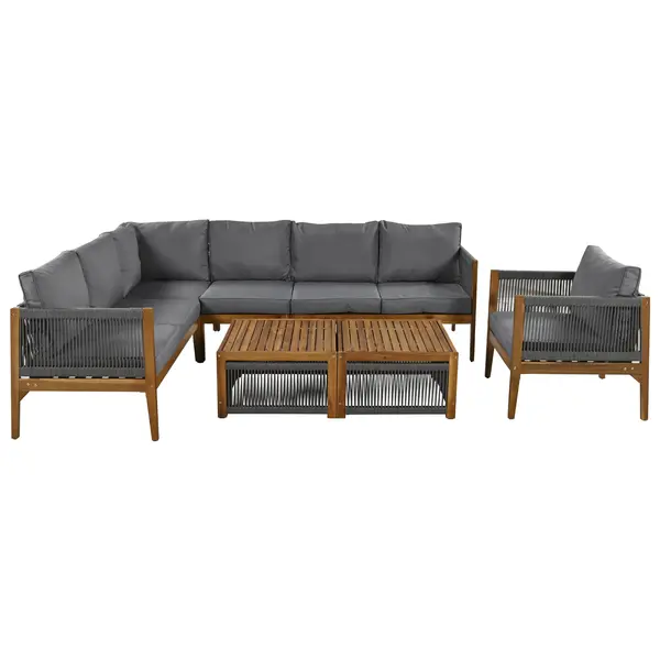Set lounge de grădină pentru 7-8 persoane cu canapea, mese și perne, husă lavabilă, design din frânghie, Culoare naturală+Gri