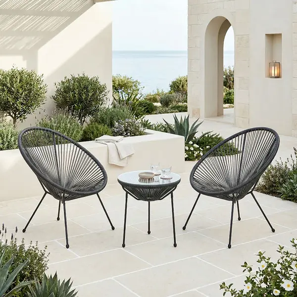 Set lounge exterior Acapulco, 3 piese, metal si ratan PE, Negru, 50x50x52 cm
