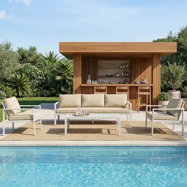 Set lounge exterior Gardenly I, 4 piese, Alb, aluminiu cu perne, Gri-Bej, 175x69x72 cm
