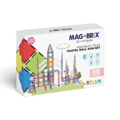 Set magnetic Magblox - 98 piese, circuit cu bile PASTEL - Magbrix Marble Run