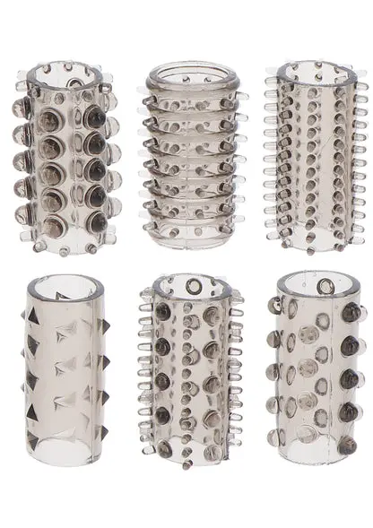 Set manșoane pentru penis TOYJOY – Power Penis Sleeve, 6 modele diferite, stimulare dublă, TPE flexibil, gri
