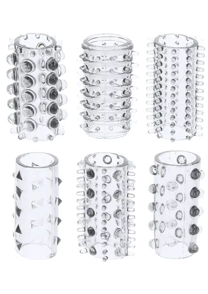 Set manșoane pentru penis TOYJOY – Power Penis Sleeve, 6 modele diferite, stimulare dublă, TPE flexibil, transparent