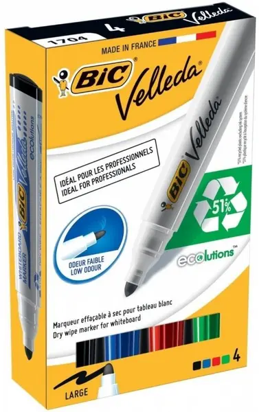 Set markere pentru tablă albă BIC - Velleda, varf rotund, 5 mm, 4 culori