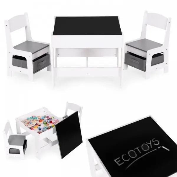 Set masa cu doua scaune pentru copii Ecotoys Alb-Gri cu spatiu pentru depozitare, tabla si creta