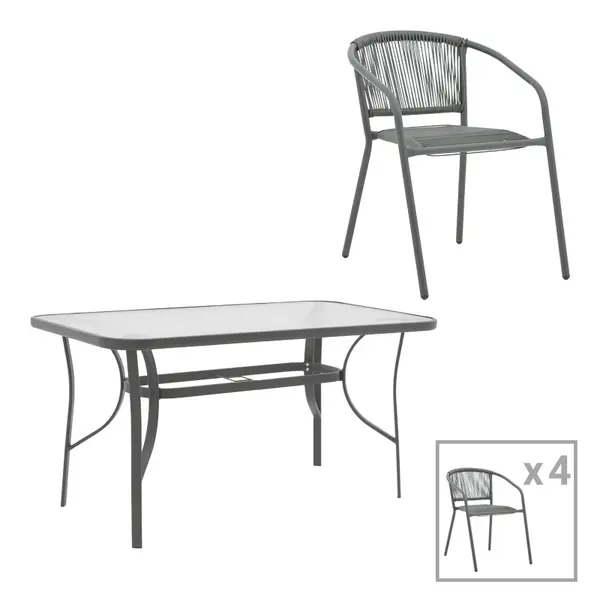 Set masă de sufragerie cu 4 scaune Ensure-Lindaria, Metal și Sticlă, Gri antracit, 140x80x70 cm