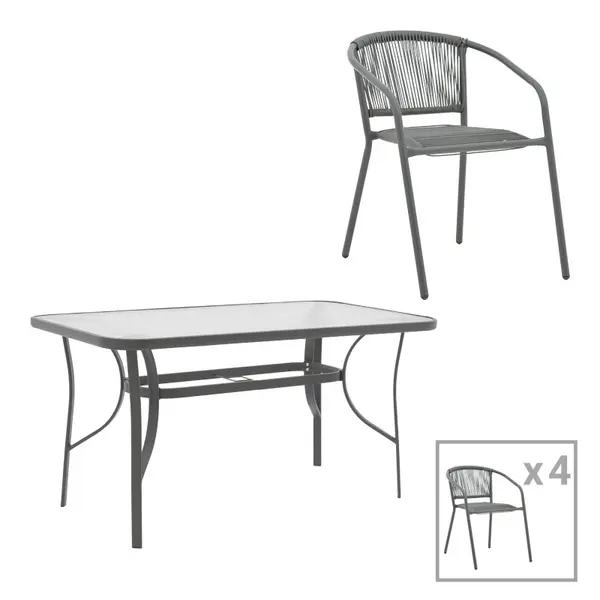 Set masă de sufragerie cu 4 scaune Ensure-Lindaria, Metal/ Sticlă, Gri antracit, 120x70x70 cm