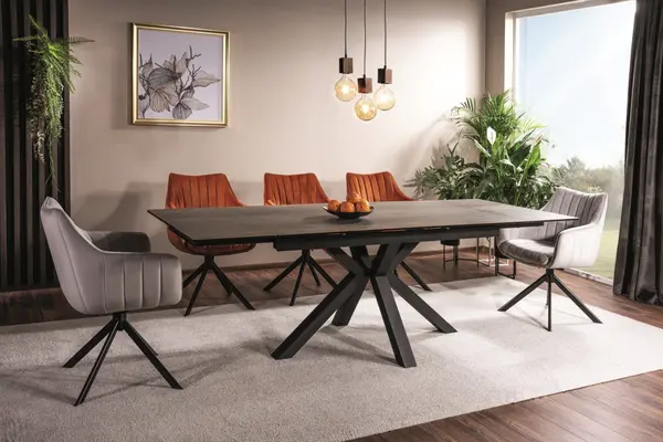 Set masa extensibila Columbus ceramic maro/negru mat - L160-240 cm + 3 scaune Azalia velvet cinnamon Blu4215 + 3 scaune Azalia velvet gri deschis Blu03