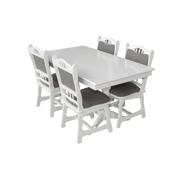 Set masa extensibila EUROPA dreptunghiulara cu 4 scaune FLANDER stofa gri, lemn masiv, alb, 160 240x90x70 cm