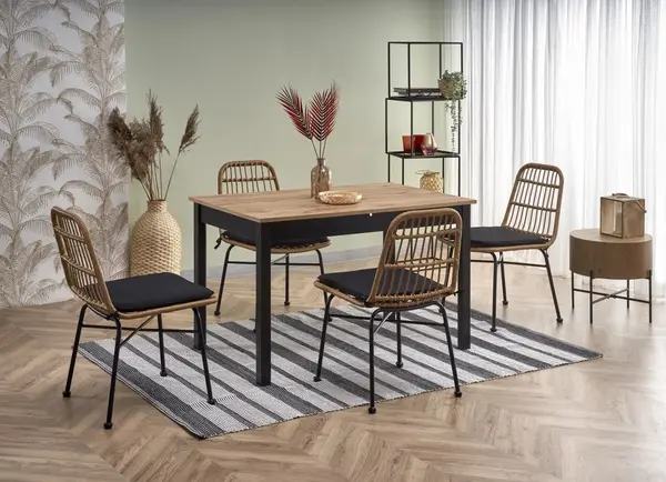 Set masa extensibila Greg L124-168 cm + 4 scaune K401 ratan natural/negru
