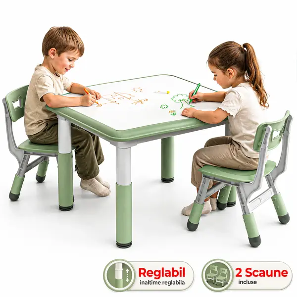 Set Masa si 2 Scaune Reglabile pentru Copii, Desen si Invatare, Verde - Default Title