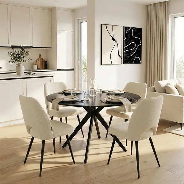 Set masa si scaune dining 5 buc. Renish - Orbital, Alb, 120x120x76 cm