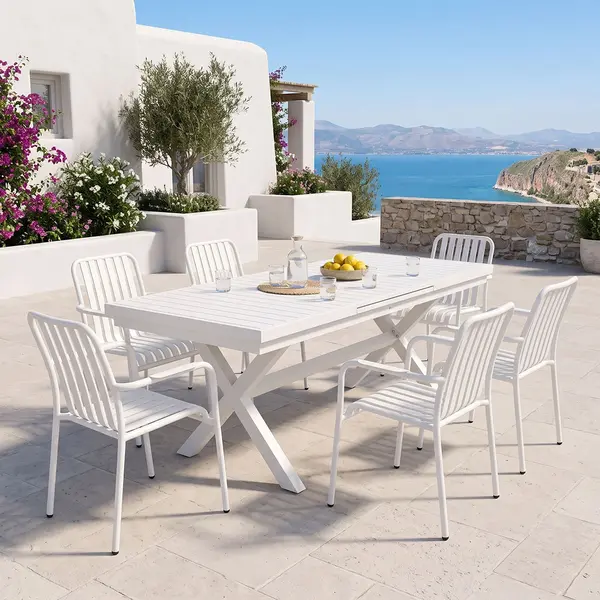 Set masa si scaune dining, 7 buc, Dagyn Vista, Pako, Alb 240x90x76 cm