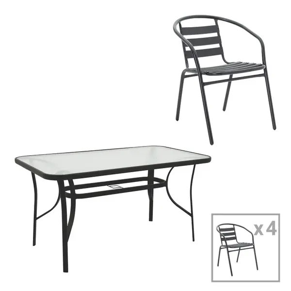 Set masă și scaune Tade-Ensure, Metal și Sticlă, Negru, 140x80x70 cm