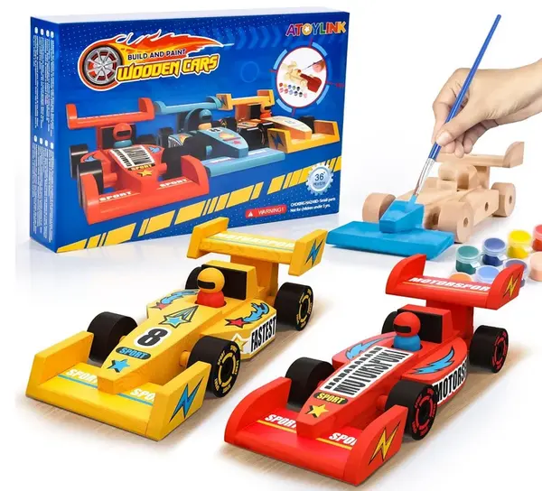 Set masinute din lemn Formula 1 - 3 bucati cu vopsele si autocolante