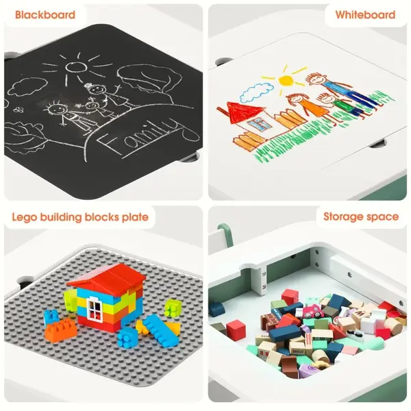 Set masuta cu 2 scaunele din lemn Ginger Home Forest cu blat multifunctional pentru Lego,tabla neagra si alba,compartiment de depozitare pentru blocuri constructiijucariicartiaccesorii,ideal pentru cresa,colt de studiu