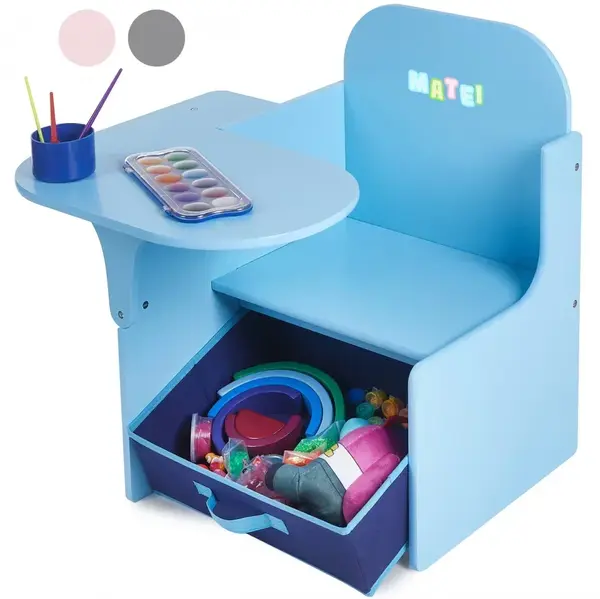Set Masuta Cu Scaun Incorporat pentru Copii 3 In 1, Din Lemn Mdf, Varsta 3-6 ani Albastru - Default Title