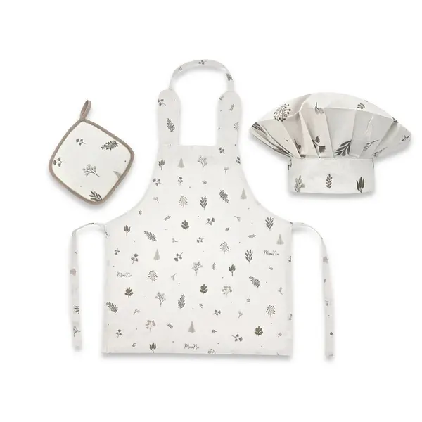Set Micutul bucatar, MimiNu, Cu sort, o boneta si accesoriu pentru vase calde, Din bumbac certificat Oeko Tex Standard 100, Leaves
