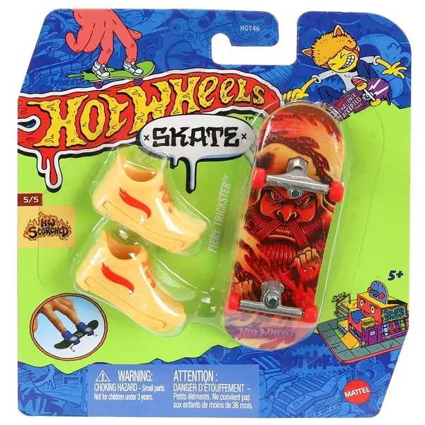 Set mini placa skateboard cu pantofi, Hot Wheels, Fiery Trickster, HVJ89