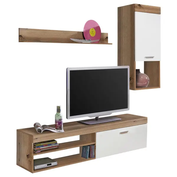 Set Mobilă Living, 3 piese, alb, culoare lemn stejar, 170/180/41,5 cm