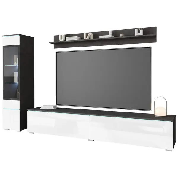 Set Mobilă Living, 3 piese, antracit, alb lucios intens, 210/130/33 cm