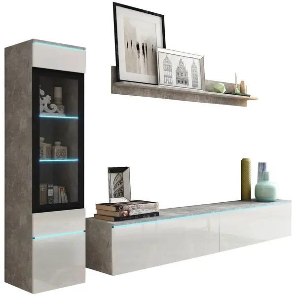 Set Mobilă Living, 3 piese, gri, alb lucios intens, 210/130/33 cm