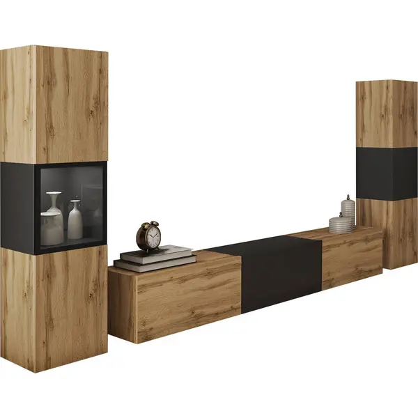 Set Mobilă Living, 3 piese, negru, stejar Wotan, 240/130/31 cm