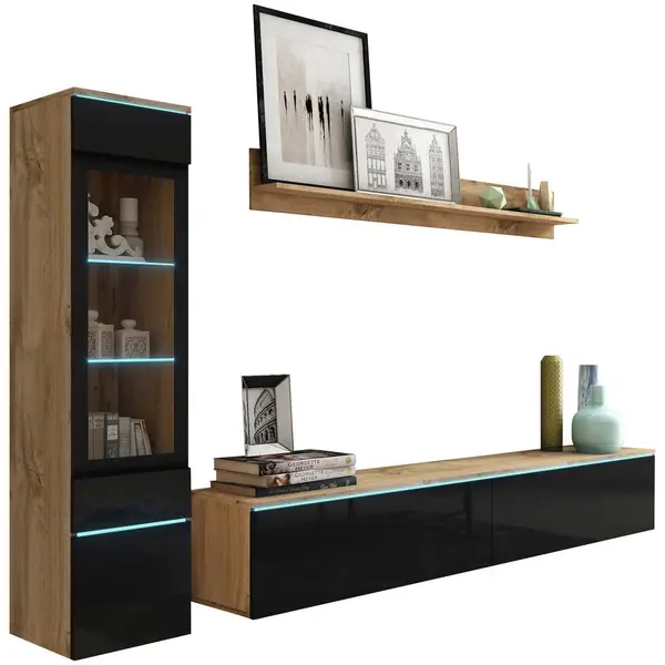 Set Mobilă Living, 3 piese, stejar Wotan, negru lucios intens,