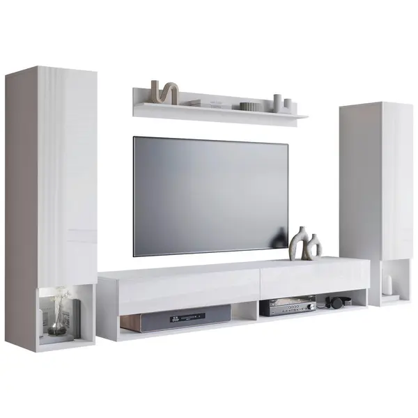 Set Mobilă Living, 4 piese, alb, alb lucios intens, 245/130/32,5 cm