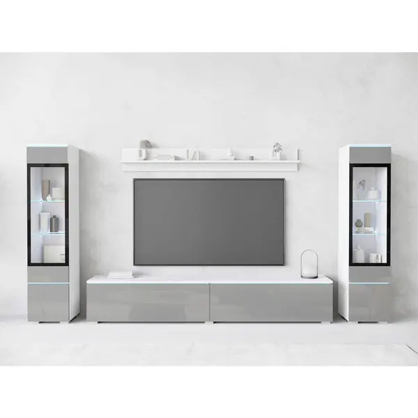 Set Mobilă Living, 4 piese, alb, gri lucios intens,