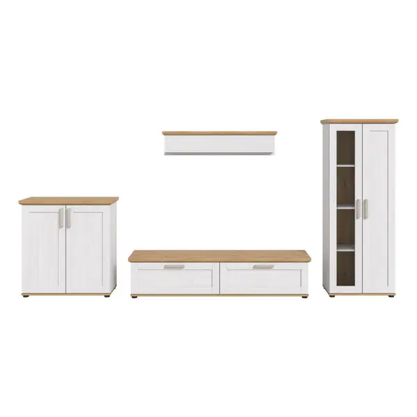 Set Mobilă Living, 4 piese, alb, stejar Artisan, 336/161/40 cm