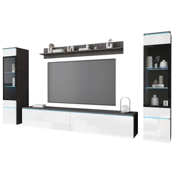 Set Mobilă Living, 4 piese, antracit, alb lucios intens, 240/130/33 cm